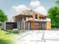 Działka usługowa w budowie, z widocznym przekrojem domu, fundamentami i planami architektonicznymi.