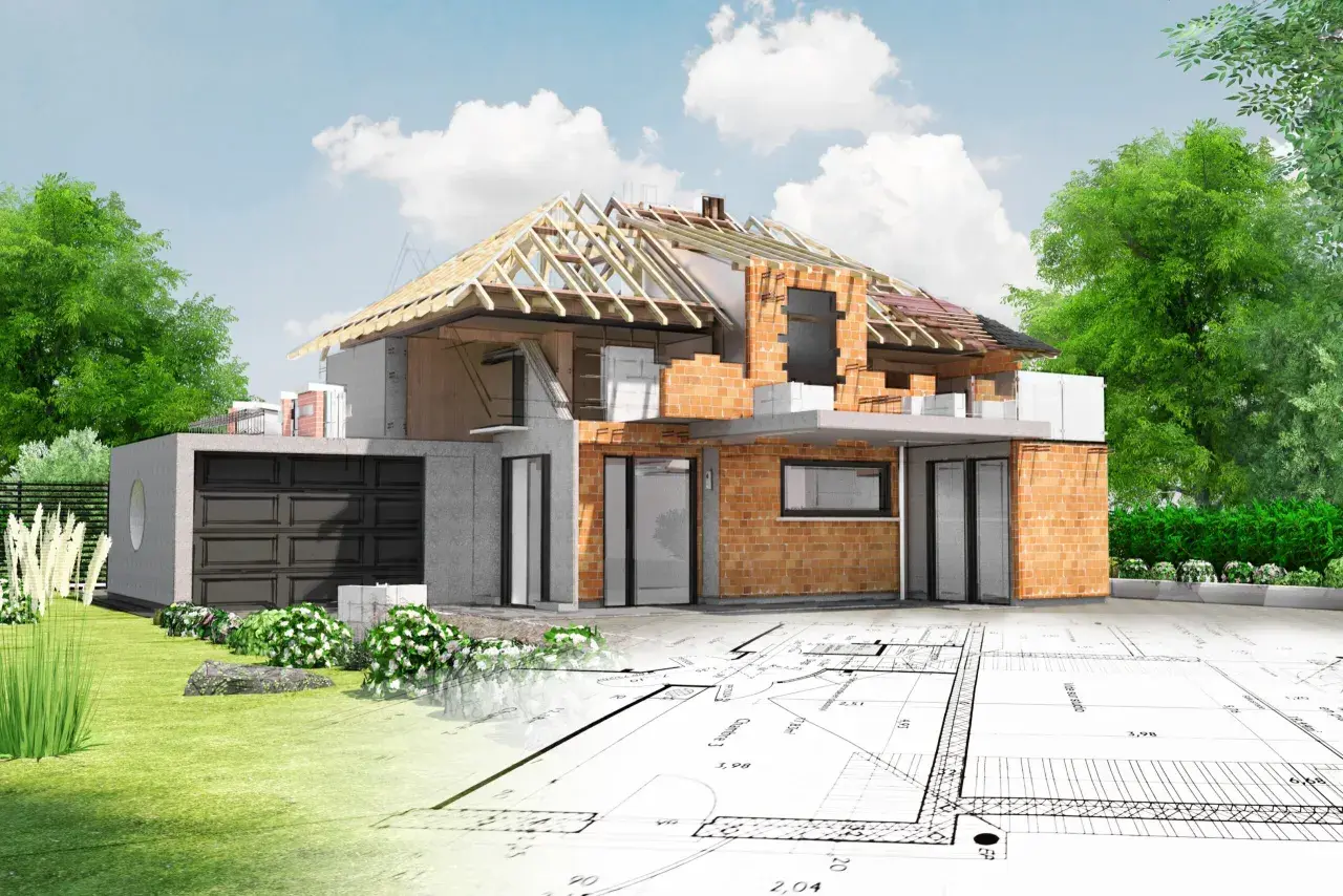 Działka usługowa w budowie, z widocznym przekrojem domu, fundamentami i planami architektonicznymi.