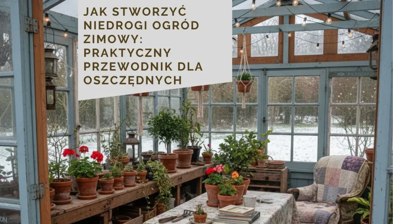 Przytulny **ogród zimowy w domu** pełen roślin w glinianych doniczkach, z wygodnym fotelem i zimowym krajobrazem za oknem.