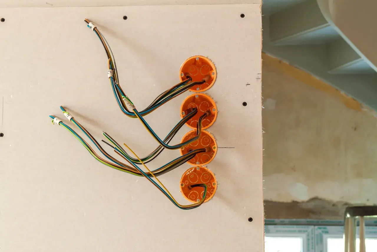 Instalacja elektryka w domu: pomarańczowe puszki i kolorowe przewody przygotowane do montażu gniazdek i włączników.