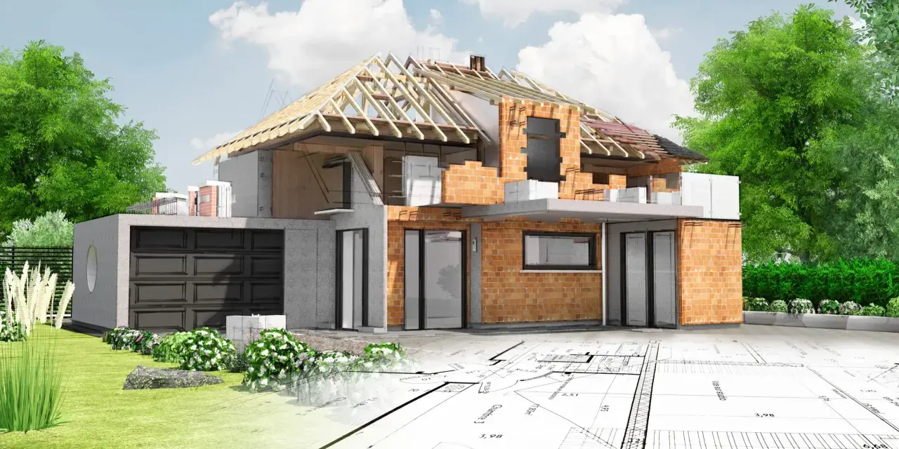 Działka usługowa w budowie, z widocznym przekrojem domu, fundamentami i planami architektonicznymi.
