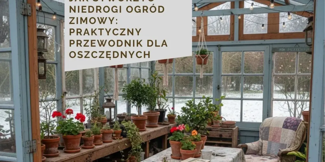 Przytulny **ogród zimowy w domu** pełen roślin w glinianych doniczkach, z wygodnym fotelem i zimowym krajobrazem za oknem.