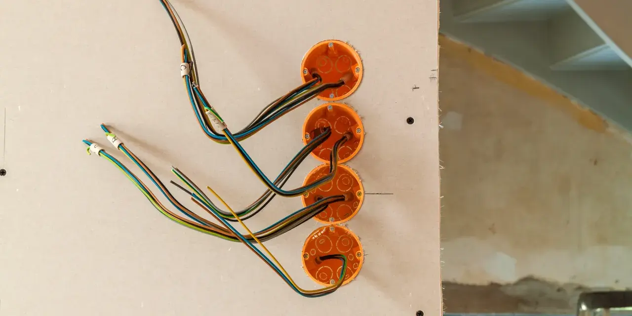 Instalacja elektryka w domu: pomarańczowe puszki i kolorowe przewody przygotowane do montażu gniazdek i włączników.