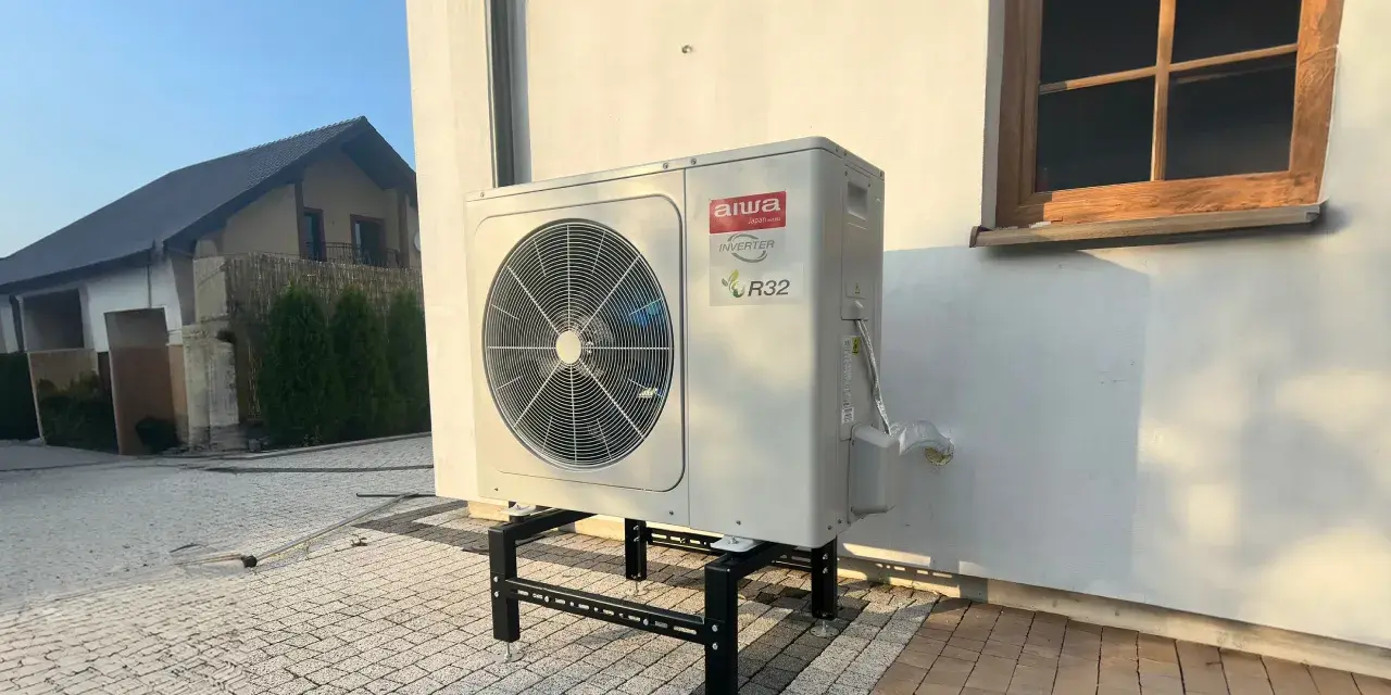 Pompa ciepła Aiwa Inverter R32 na stelażu przed budynkiem. Zastanawiasz się, jaką pompę ciepła wybrać?