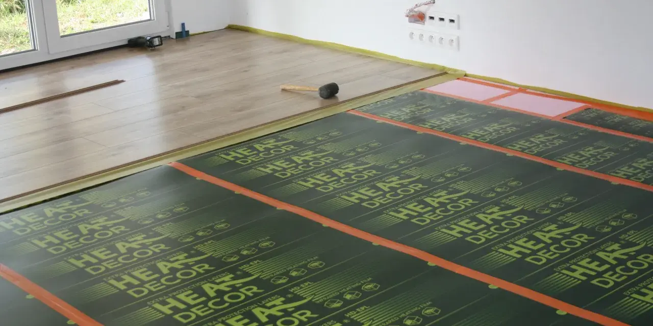Montaż ogrzewania podłogowego na drewnianym stropie. Folie grzewcze HEAT DECOR rozłożone na podłodze, gotowe do położenia paneli.