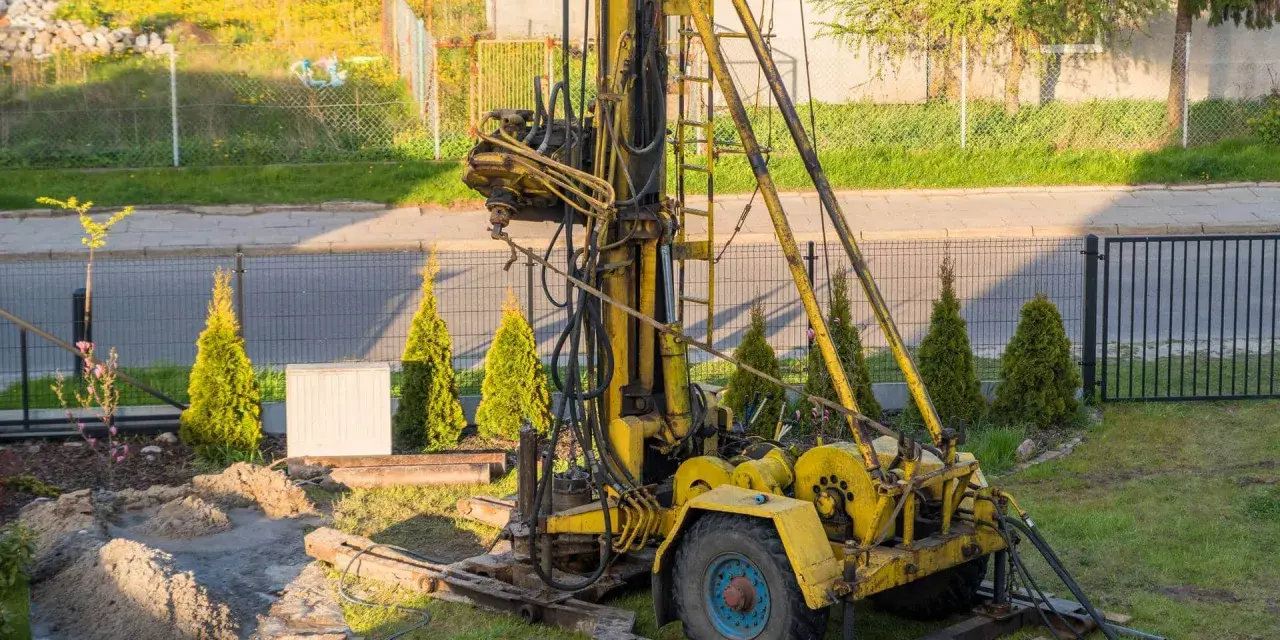 Żółta wiertnica na podwórku. Zastanawiasz się, ile kosztuje wykopanie studni głębokości 25 m?