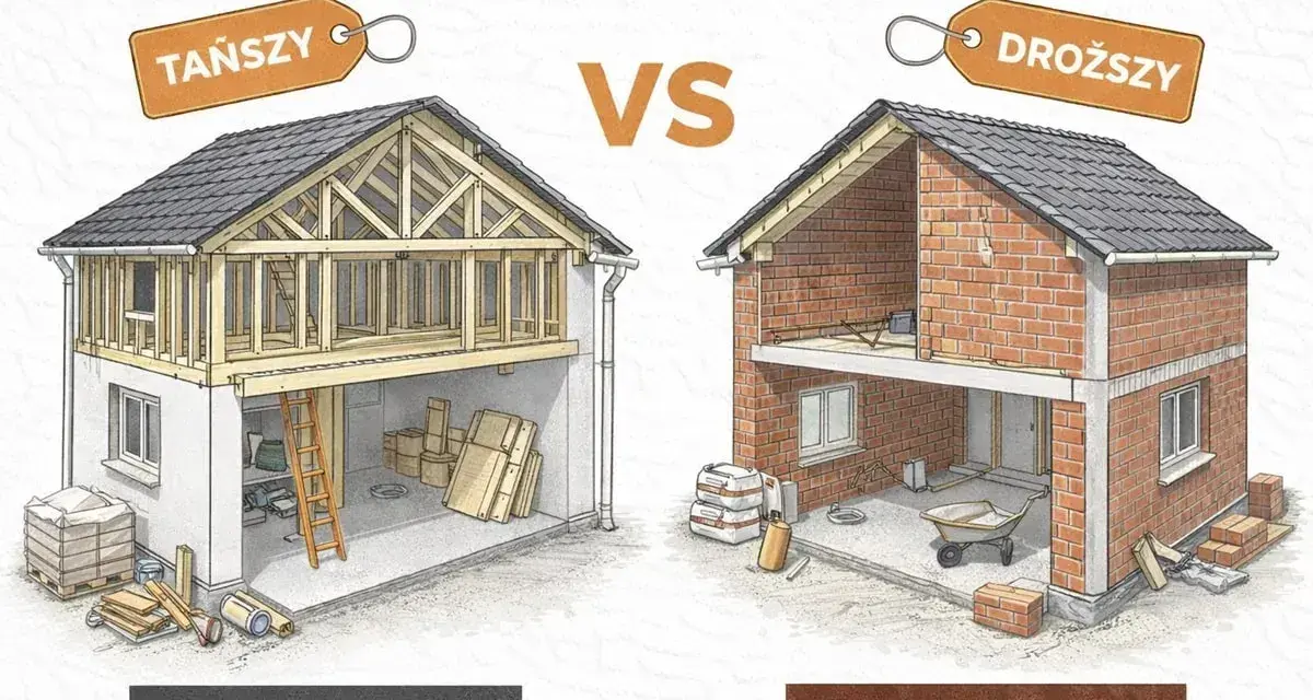 Porównanie kosztów budowy domu: szkieletowy (tańszy) vs murowany (droższy). Ilustracja pokazuje etapy budowy obu typów domów.