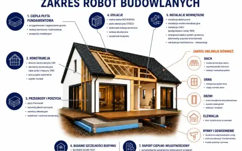 Dom energooszczędny tani w budowie: szczegółowy przekrój pokazuje fundamenty, konstrukcję, izolacje, okna, dach i instalacje.