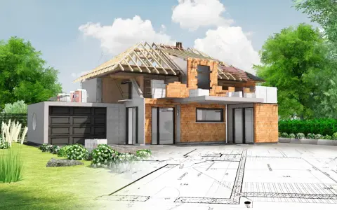 Działka usługowa w budowie, z widocznym przekrojem domu, fundamentami i planami architektonicznymi.