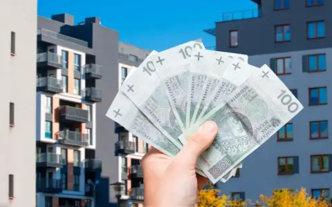 Dłoń trzyma banknoty 100 zł na tle nowoczesnych budynków mieszkalnych. Symbolizuje to podatek od sprzedaży nieruchomości.