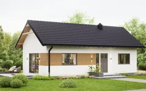 Nowoczesny budynek rekreacji indywidualnej z białymi ścianami, drewnianymi akcentami i czarnym dachem. Otoczony zielenią, z tarasem i meblami ogrodowymi.