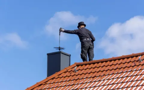 Kominiarz w cylindrze czyści komin na dachu. Sprawdź, jaka jest czyszczenie komina cena i zadbaj o bezpieczeństwo.