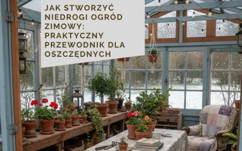 Przytulny **ogród zimowy w domu** pełen roślin w glinianych doniczkach, z wygodnym fotelem i zimowym krajobrazem za oknem.