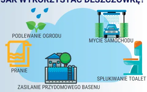 Odzysk wody deszczowej: podlewanie ogrodu, pranie, mycie auta, spłukiwanie toalety, zasilanie basenu.