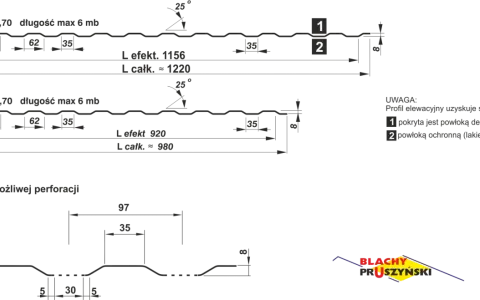 Schemat blachy trapezowej z wymiarami: szerokość 97, 62, 35 mm, grubość 0,50-0,70 mm, długość max 6 mb.