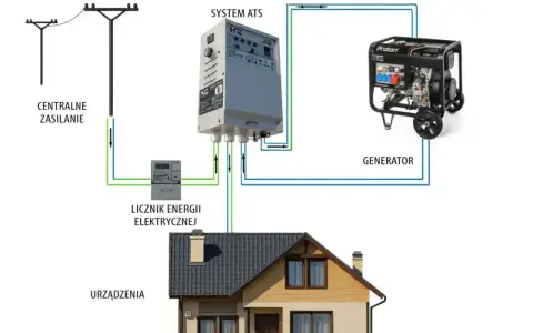 Schemat podłączenia generatora z systemem ATS do domu. Odpowiedź na pytanie: jaki magazyn energii do domu?