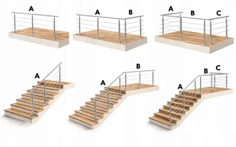 Różne konfiguracje balustrad schodowych i tarasowych. Zwróć uwagę na wysokość poręczy od stopnia, kluczową dla bezpieczeństwa.
