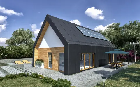 Nowoczesny dom modułowy 100m2 cena pod klucz, z panelami słonecznymi na dachu i tarasem.