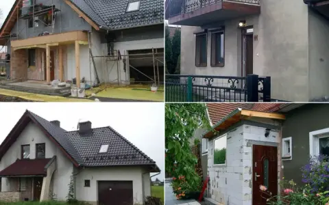 Budowa dobudowy wiatrołapu w domu jednorodzinnym. Widać rusztowania i prace budowlane.
