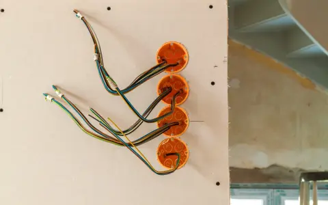 Instalacja elektryka w domu: pomarańczowe puszki i kolorowe przewody przygotowane do montażu gniazdek i włączników.