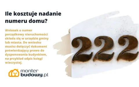 Metalowe cyfry "222" na ścianie domu. Obok tekst o kosztach nadania numeru domu i logo monterbudowy.pl.