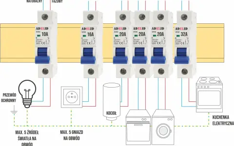 Schemat instalacji elektrycznej z wyłącznikami nadprądowymi. Jaki bezpiecznik do indukcji? Zobacz, jak dobrać odpowiedni bezpiecznik do kuchenki elektrycznej.