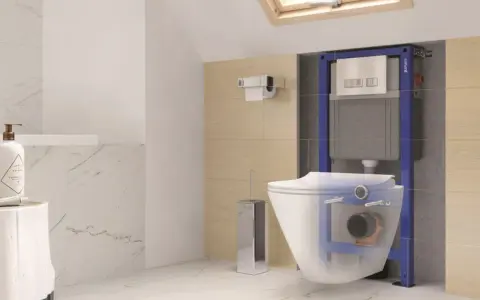Widok przekroju nowoczesnej łazienki z podwieszanym WC i widocznym mechanizmem spłuczki. Widać odpływ WC w podłodze.