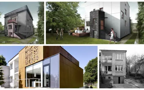 Kolaż zdjęć: stary dom kostka PRL, nowoczesna architektura, ludzie w ogrodzie, kobieta w białej sukience.