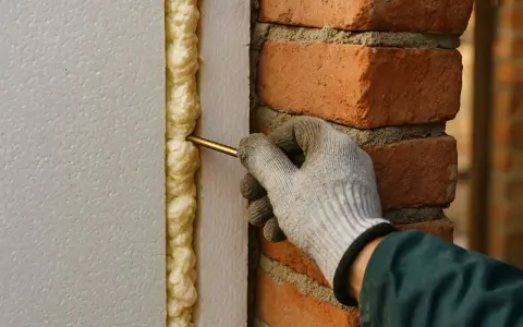 Ręka w rękawicy aplikuje piankę montażową do szczeliny między styropianem a ceglaną ścianą, zapewniając izolację.