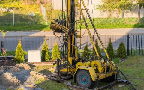 Żółta wiertnica na podwórku. Zastanawiasz się, ile kosztuje wykopanie studni głębokości 25 m?
