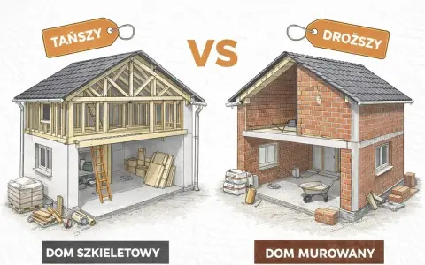 Porównanie kosztów budowy domu: szkieletowy (tańszy) vs murowany (droższy). Ilustracja pokazuje etapy budowy obu typów domów.