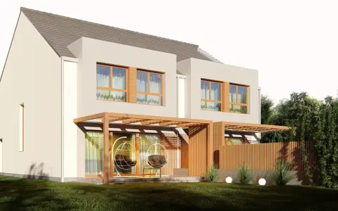 Nowoczesne projekty domów jednorodzinnych dwulokalowych z tarasami i wiszącymi fotelami.