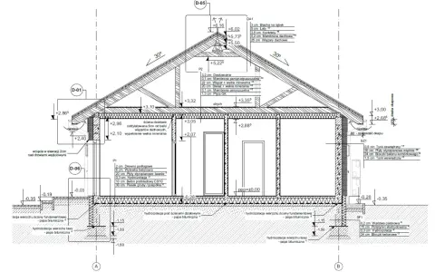 Przekrój budynku z detalami konstrukcyjnymi, pokazujący warstwy izolacji i materiały budowlane. Projekt architektoniczno budowlany.