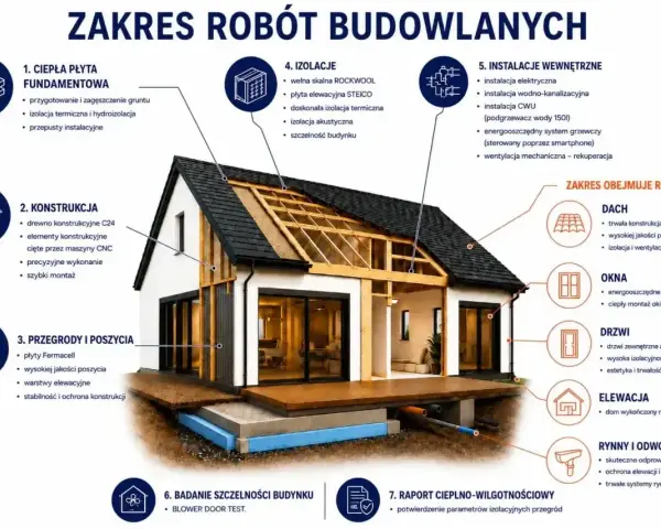 Dom energooszczędny tani w budowie: szczegółowy przekrój pokazuje fundamenty, konstrukcję, izolacje, okna, dach i instalacje.