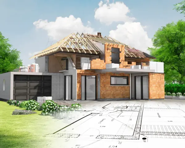 Działka usługowa w budowie, z widocznym przekrojem domu, fundamentami i planami architektonicznymi.