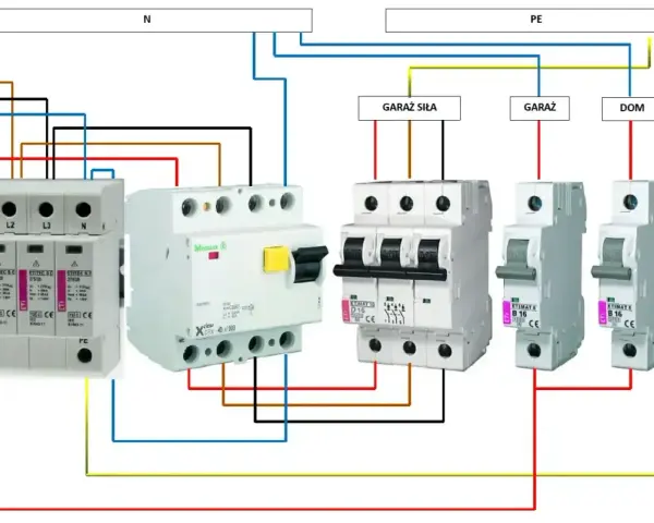 Schemat rcd elektryka: zabezpieczenia nadprądowe i różnicowoprądowe dla domu, garażu i garażu siłowego.