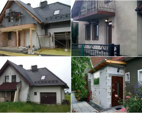 Budowa dobudowy wiatrołapu w domu jednorodzinnym. Widać rusztowania i prace budowlane.