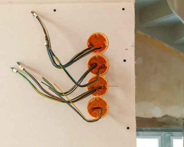 Instalacja elektryka w domu: pomarańczowe puszki i kolorowe przewody przygotowane do montażu gniazdek i włączników.