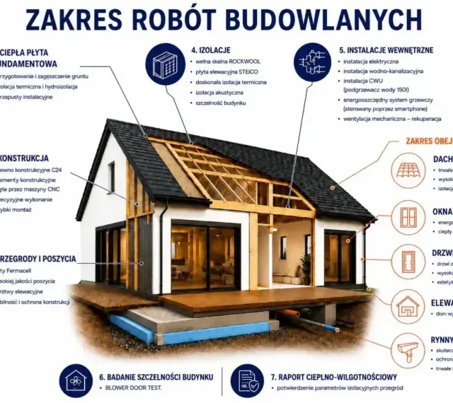 Dom energooszczędny tani w budowie: szczegółowy przekrój pokazuje fundamenty, konstrukcję, izolacje, okna, dach i instalacje.