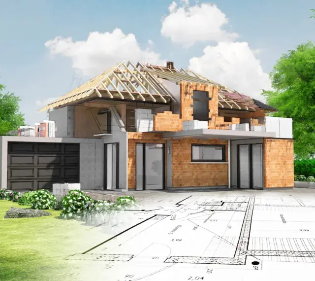 Działka usługowa w budowie, z widocznym przekrojem domu, fundamentami i planami architektonicznymi.
