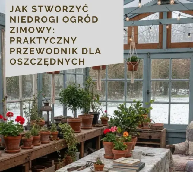 Przytulny **ogród zimowy w domu** pełen roślin w glinianych doniczkach, z wygodnym fotelem i zimowym krajobrazem za oknem.