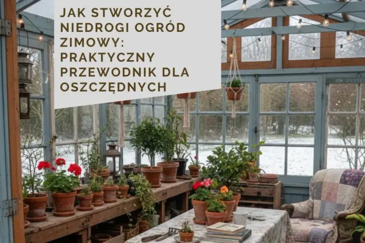 Przytulny **ogród zimowy w domu** pełen roślin w glinianych doniczkach, z wygodnym fotelem i zimowym krajobrazem za oknem.