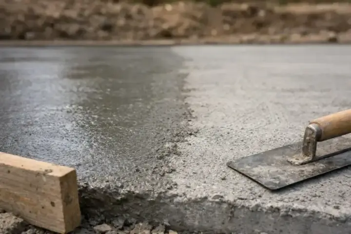Świeżo wylany, mokry beton czeka na wykończenie. Narzędzia budowlane, jak kielnia i drewniany krawężnik, sugerują szybki postęp prac.