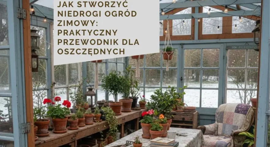 Przytulny **ogród zimowy w domu** pełen roślin w glinianych doniczkach, z wygodnym fotelem i zimowym krajobrazem za oknem.
