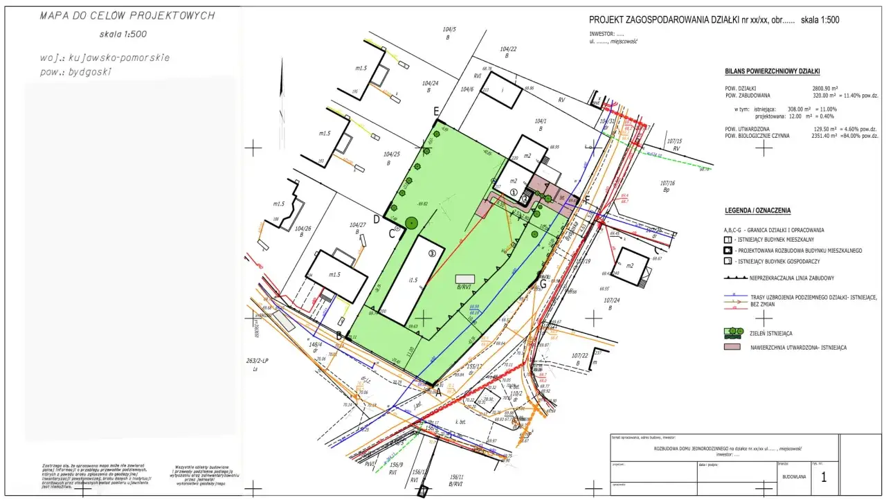 Mapa projektowa działki usługowej w województwie kujawsko-pomorskim, powiecie bydgoskim.