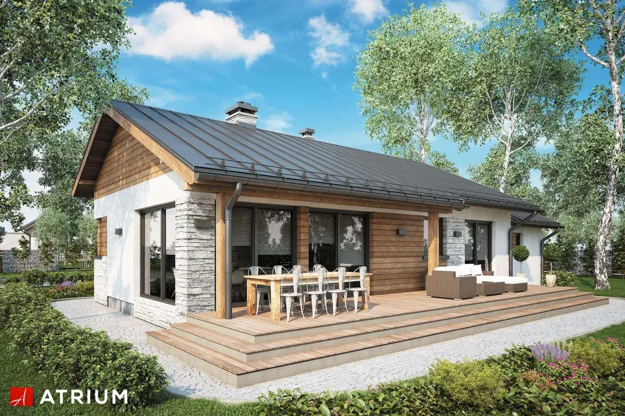 Nowoczesny dom jednorodzinny z drewnianym tarasem i kamiennymi detalami. Projekty domów kanadyjskich często łączą funkcjonalność z estetyką.