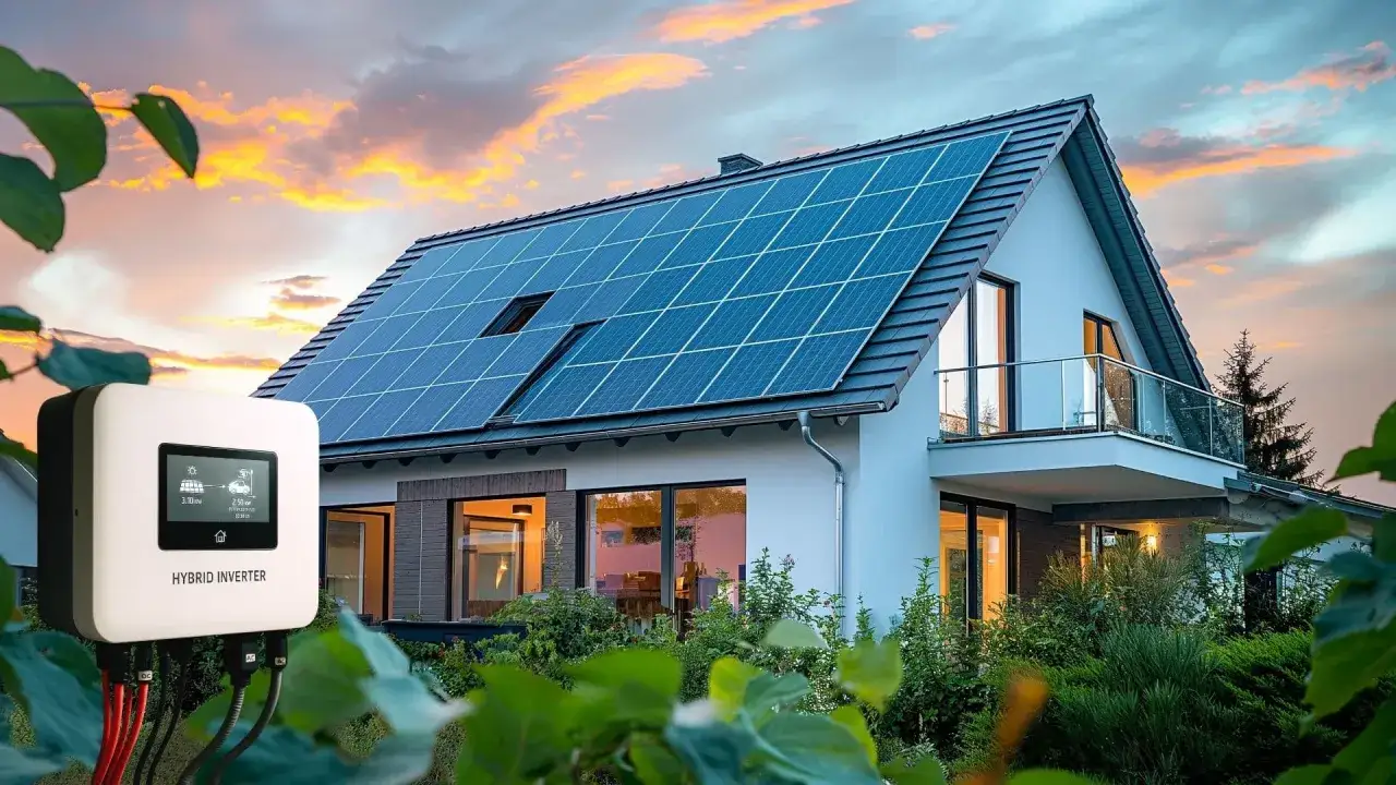 Nowoczesny dom z panelami słonecznymi na dachu i hybrydowym falownikiem, symbolizującym odnawialne źródła energii.
