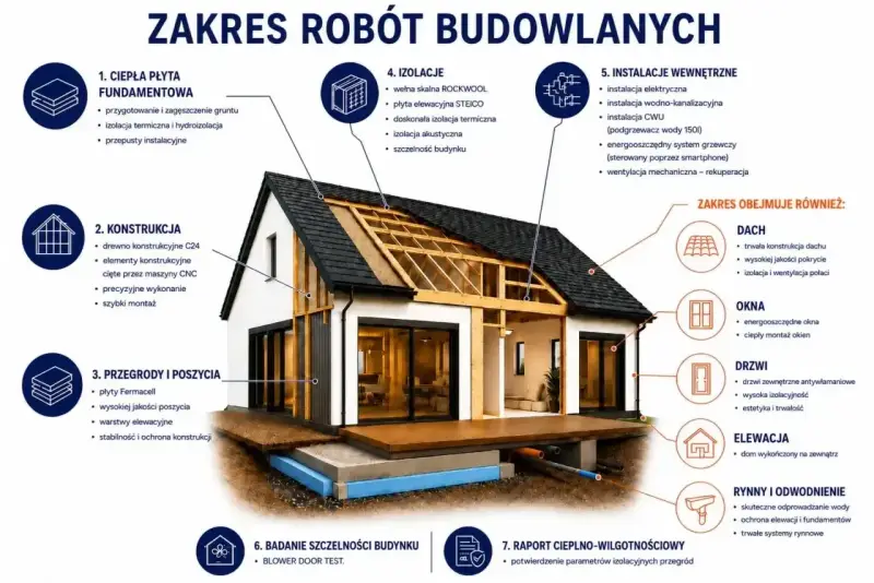 Dom energooszczędny tani w budowie: szczegółowy przekrój pokazuje fundamenty, konstrukcję, izolacje, okna, dach i instalacje.