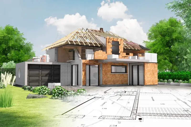 Działka usługowa w budowie, z widocznym przekrojem domu, fundamentami i planami architektonicznymi.